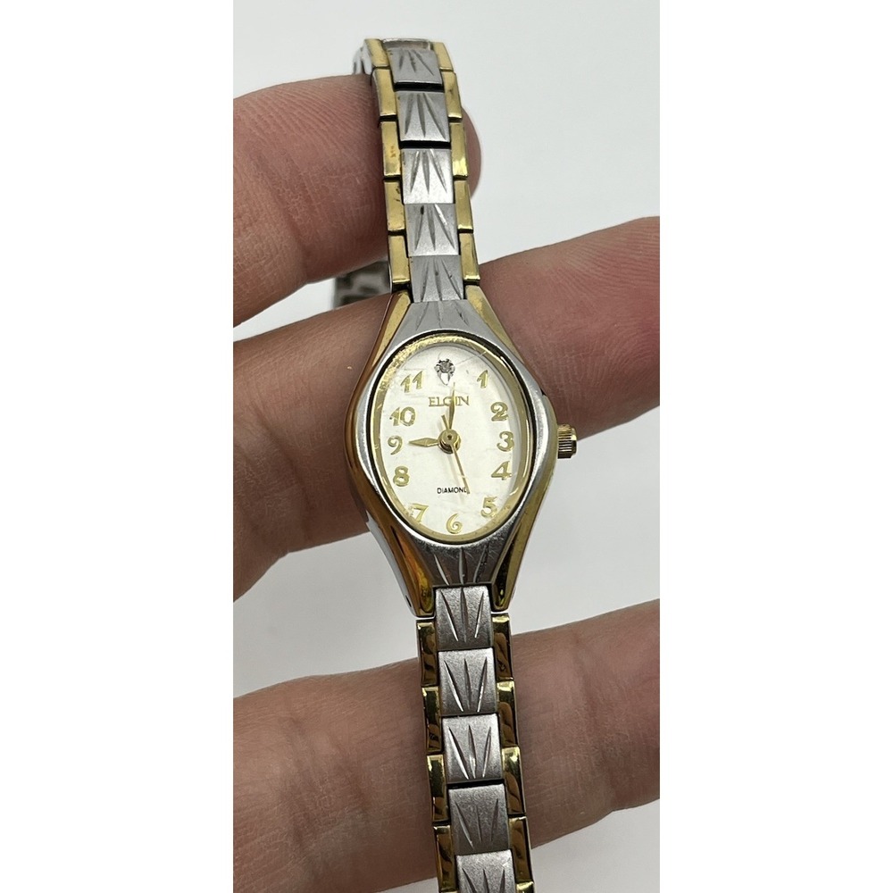 Vintage Elgin Women's Watch Gold Silver Tone Band Diamond Accent Parts Only
